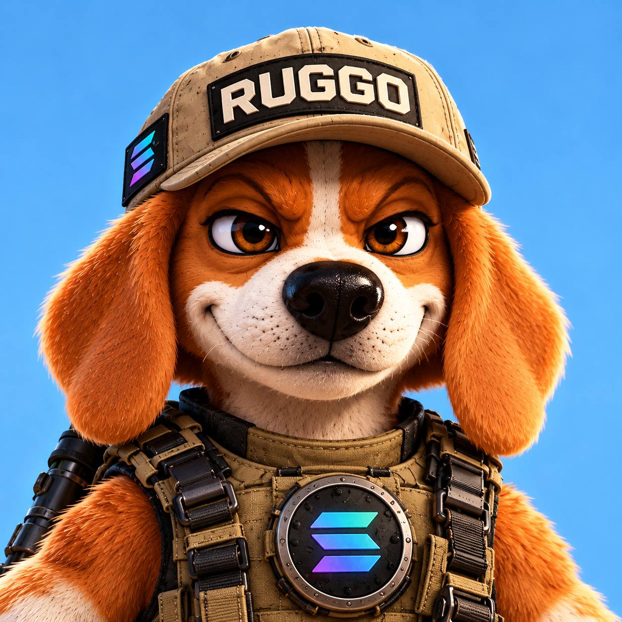 Ruggo, a beagle detective in a RUGGO cap and tactical vest with a Solana badge